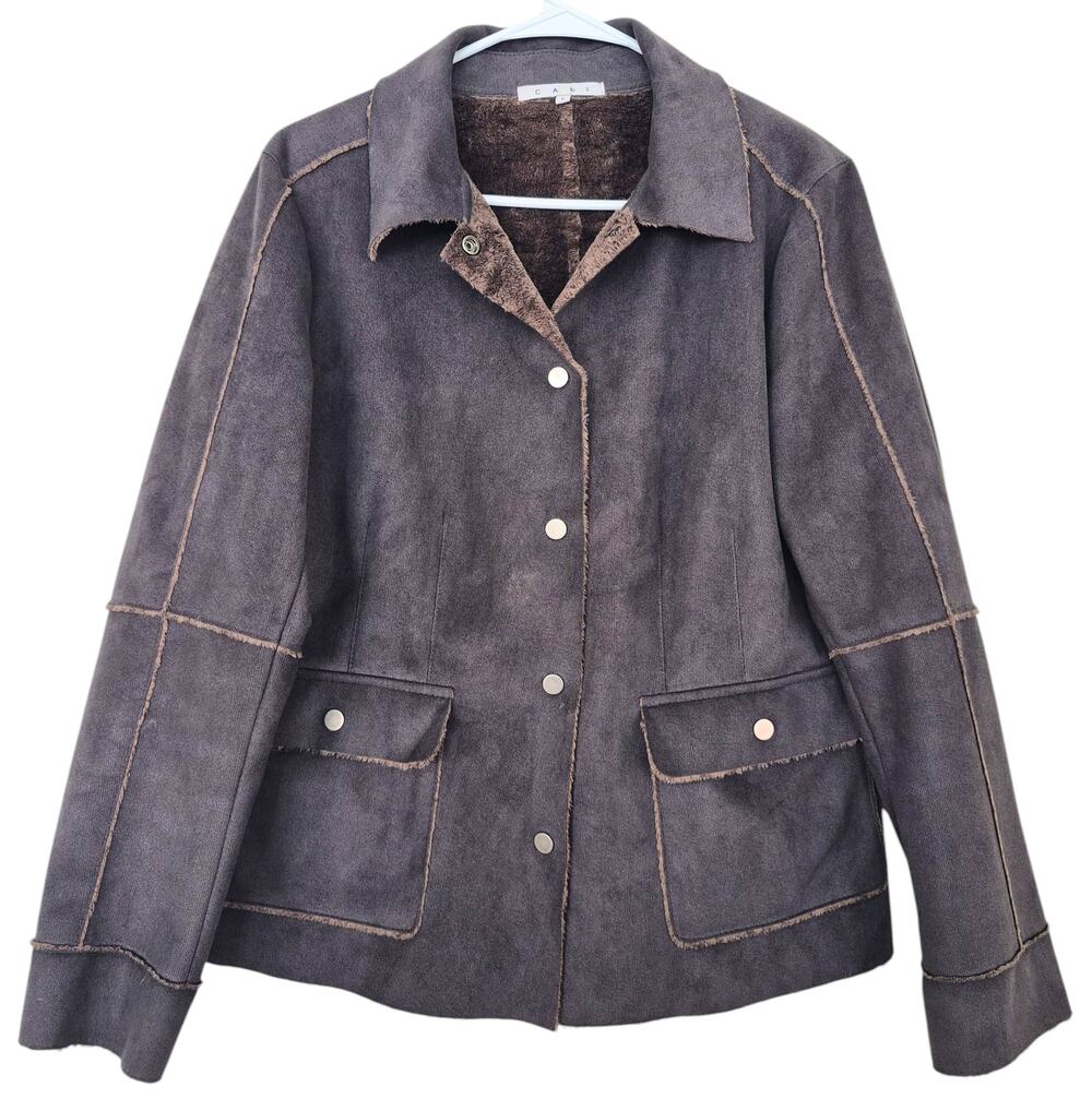 CAbi Womens Jacket Size L Faux Suede Sherpa Dark Brown Snap Front Pockets